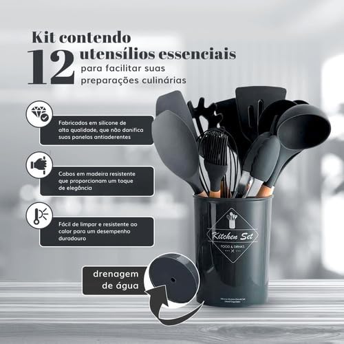 Kit 12 Peças De Cozinha Em Silicone E Cabo De Madeira Jogo De Utensílios Resistente ao Calor Antiaderente Premium