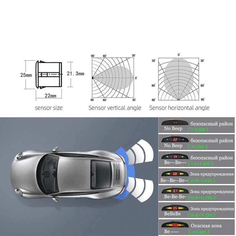 Sensor traseiro Ré Estacionamento 4 Pontos, para veiculos, Display LED.