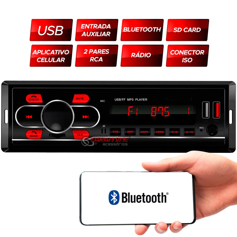 Som Automotivo Carro Radio FM MP3 Bluetooth 2 Entradas USB SD Player