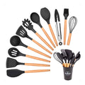 Kit 12 Peças De Cozinha Em Silicone E Cabo De Madeira Jogo De Utensílios Resistente ao Calor Antiaderente Premium