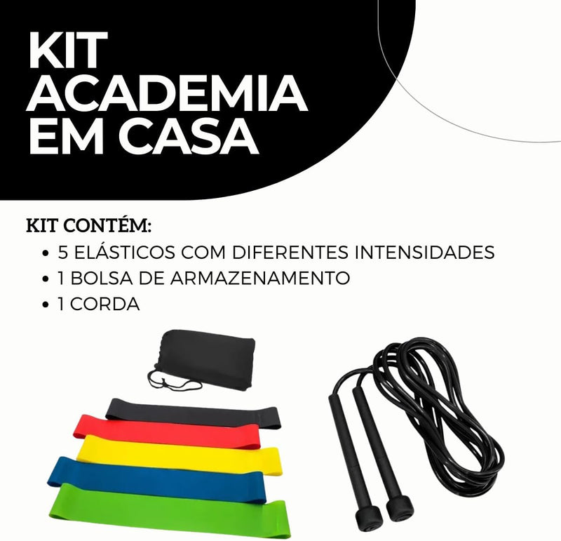 Kit com 5 Faixas Elásticas Band de Borracha Premium para Academia Treino Funcional Musculação Pilates Fisioterapia Yoga com Diferentes Resistências + 1 Corda para Pular + 1 Bolsa de Transporte