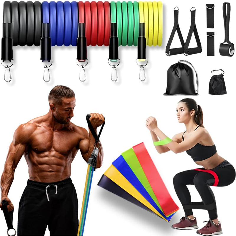 Kit 17 Peças Elástico Extensor + Miniband Treino Em Casa Exercício Físico Academia Fisioterapia Musculação Crossfit Pilates Yoga Aquecimento Funcional Alongamento Malhar Emagrecimento