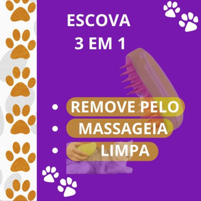 Escova Pet Para Cães e Gatos A Vapor 3 Em 1 - Autolimpante, Massagem e Remoção de Pelos - Recarregável (contém cabo).