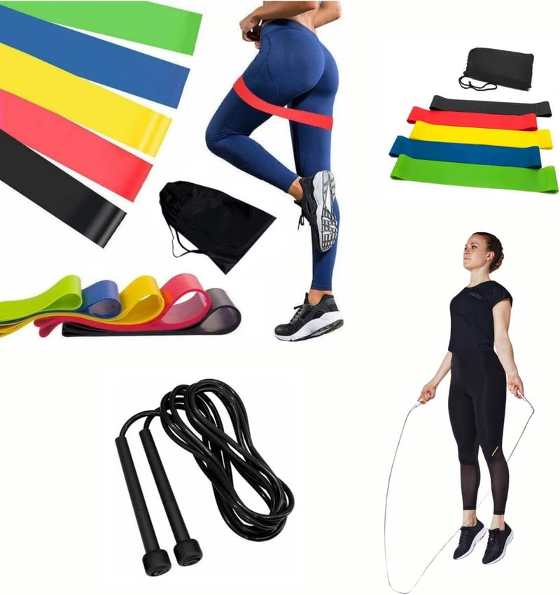 Kit com 5 Faixas Elásticas Band de Borracha Premium para Academia Treino Funcional Musculação Pilates Fisioterapia Yoga com Diferentes Resistências + 1 Corda para Pular + 1 Bolsa de Transporte