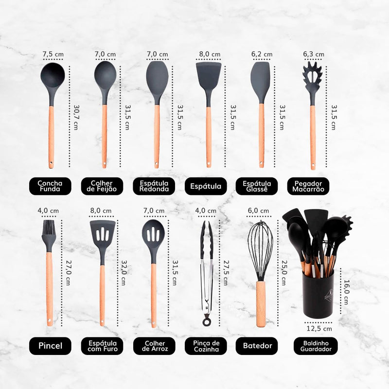 Kit 12 Peças De Cozinha Em Silicone E Cabo De Madeira Jogo De Utensílios Resistente ao Calor Antiaderente Premium