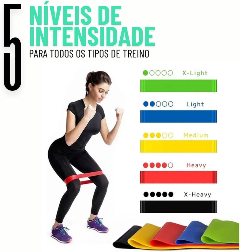 Kit com 5 Faixas Elásticas Band de Borracha Premium para Academia Treino Funcional Musculação Pilates Fisioterapia Yoga com Diferentes Resistências + 1 Corda para Pular + 1 Bolsa de Transporte