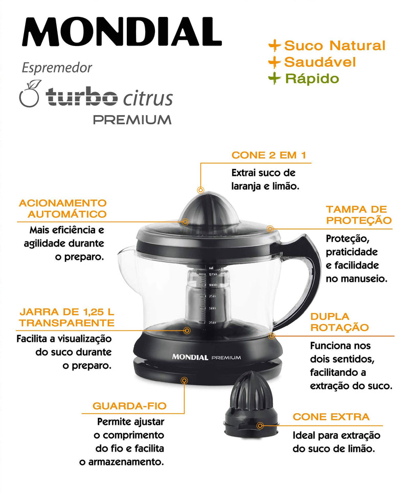 Espremedor Premium, Mondial, Preto, 30W, 220V - E-02